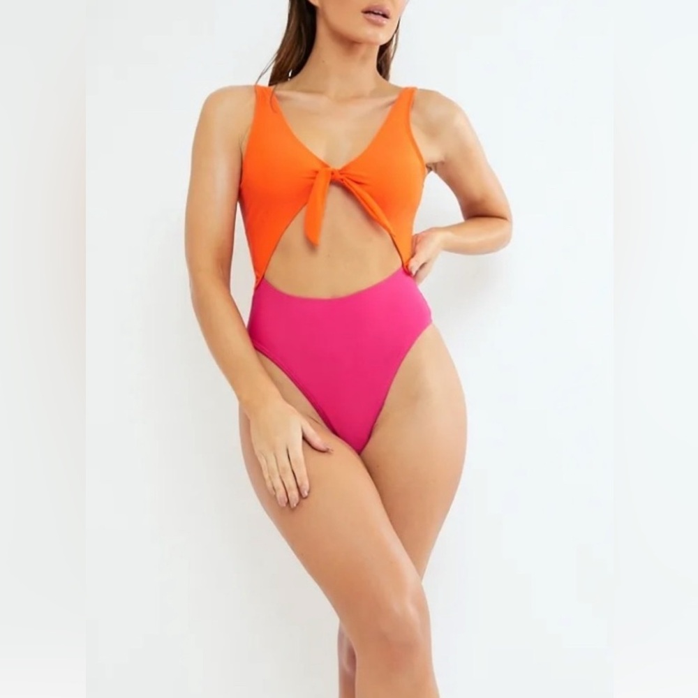Bingo Surf Neon Pink Orange Cutout High Thigh Swimsuit Size L